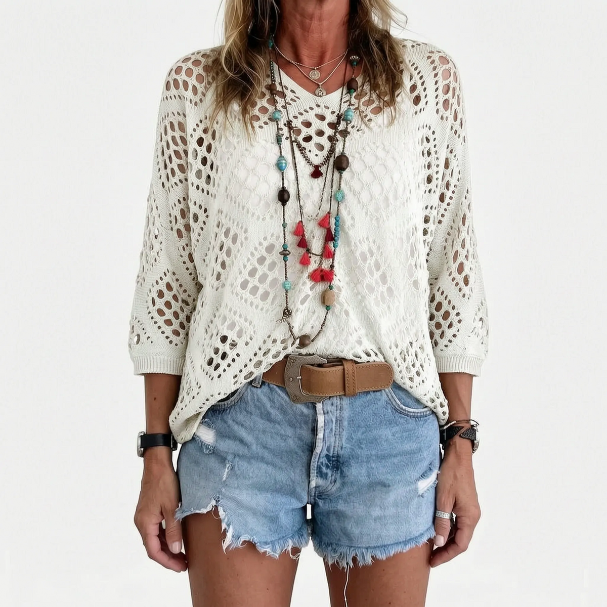 Breezlyn - Open-Knit Geometric Summer Top